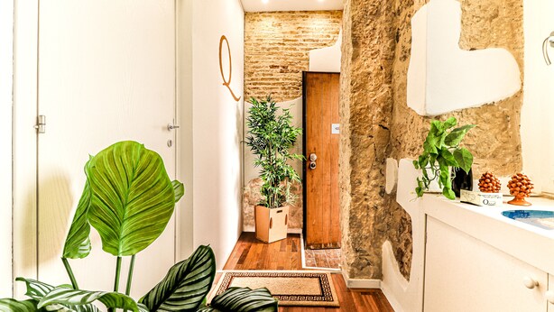 A hallway with a wooden floor, a potted plant, a rug, and a stone wall with a heart-shaped cutout. - Qaral Bed and Breakfast (Cagliari)