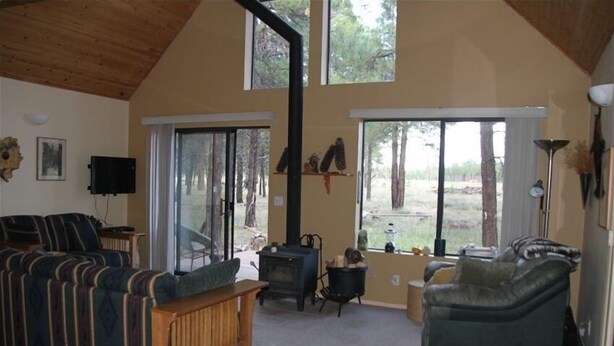 A cozy living room with a fireplace, large windows, and a view of the outdoors. - Sweet Getaway House Close to all the best Arizona has to offer (Parks)