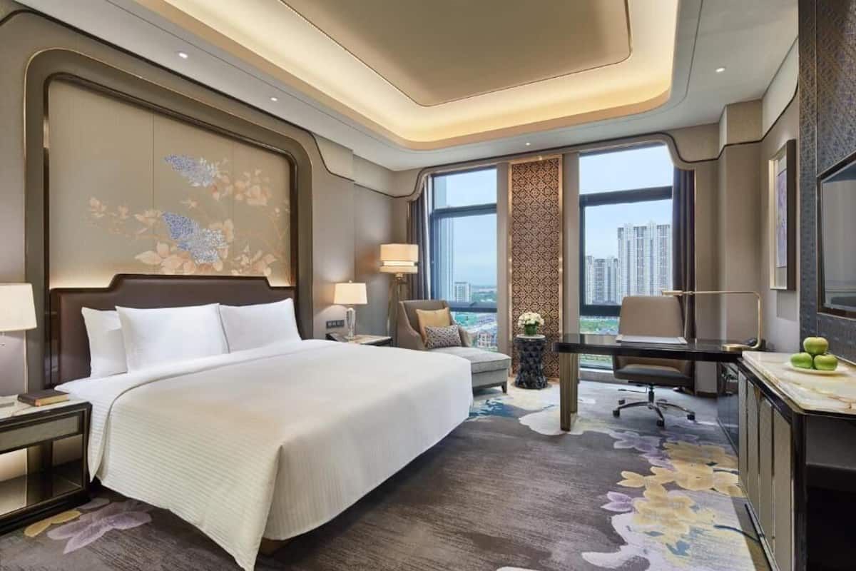 A hotel room with a large bed, a desk, a chair, a TV, and a view of the city.