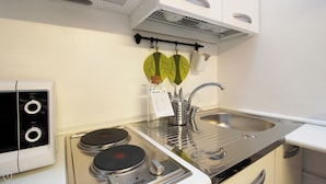 Een kleine, functionele keuken met een fornuis, spoelbak en kastje.