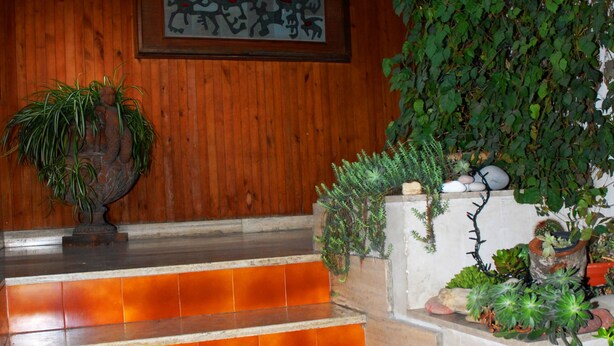 Eine Treppe mit orangefarben gefliesten Stufen, die zu einer Zwischenebene führen.