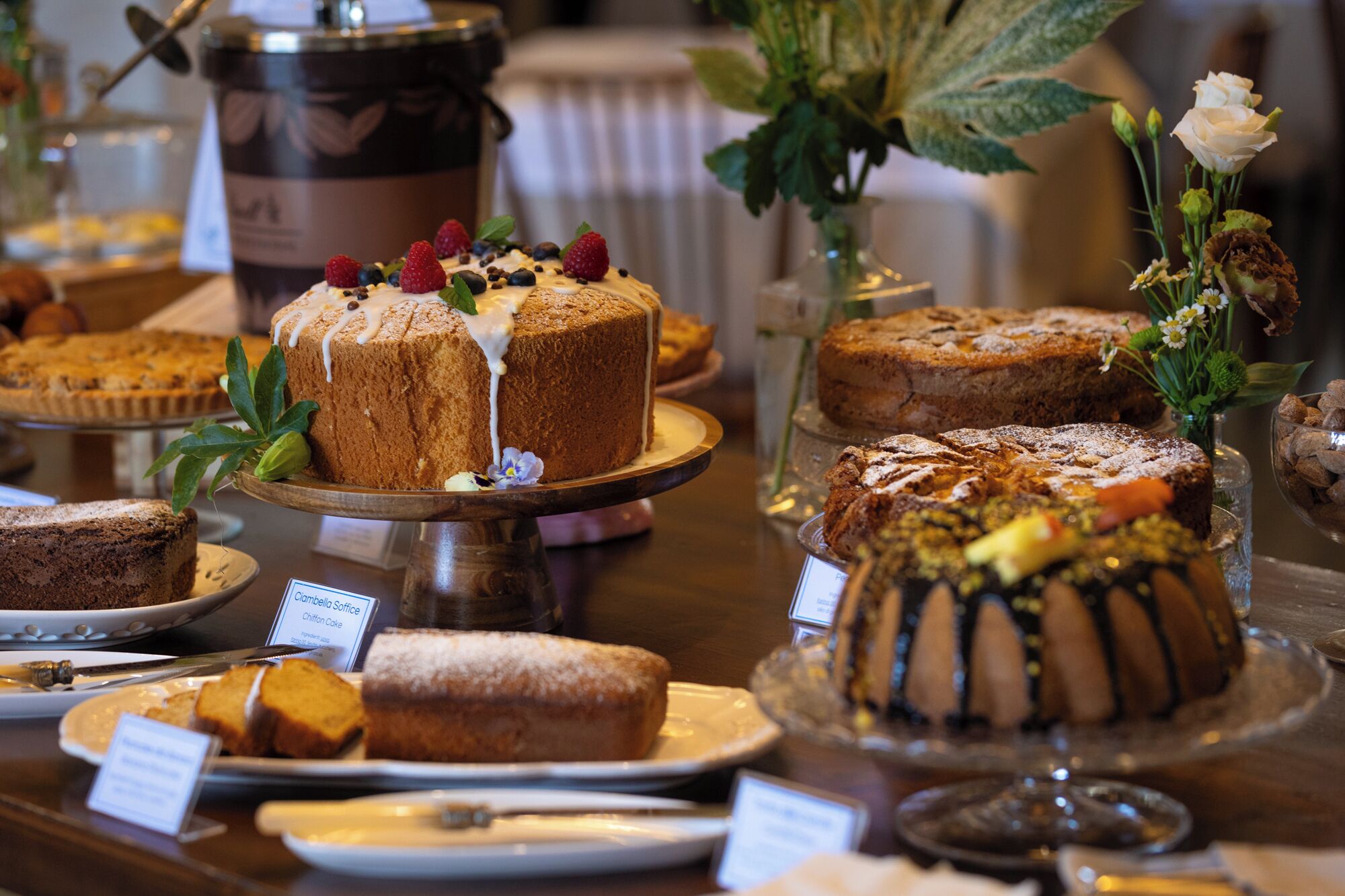 Variedad de pasteles y productos de pastelería exhibidos en un mostrador con etiquetas que indican los diferentes tipos.