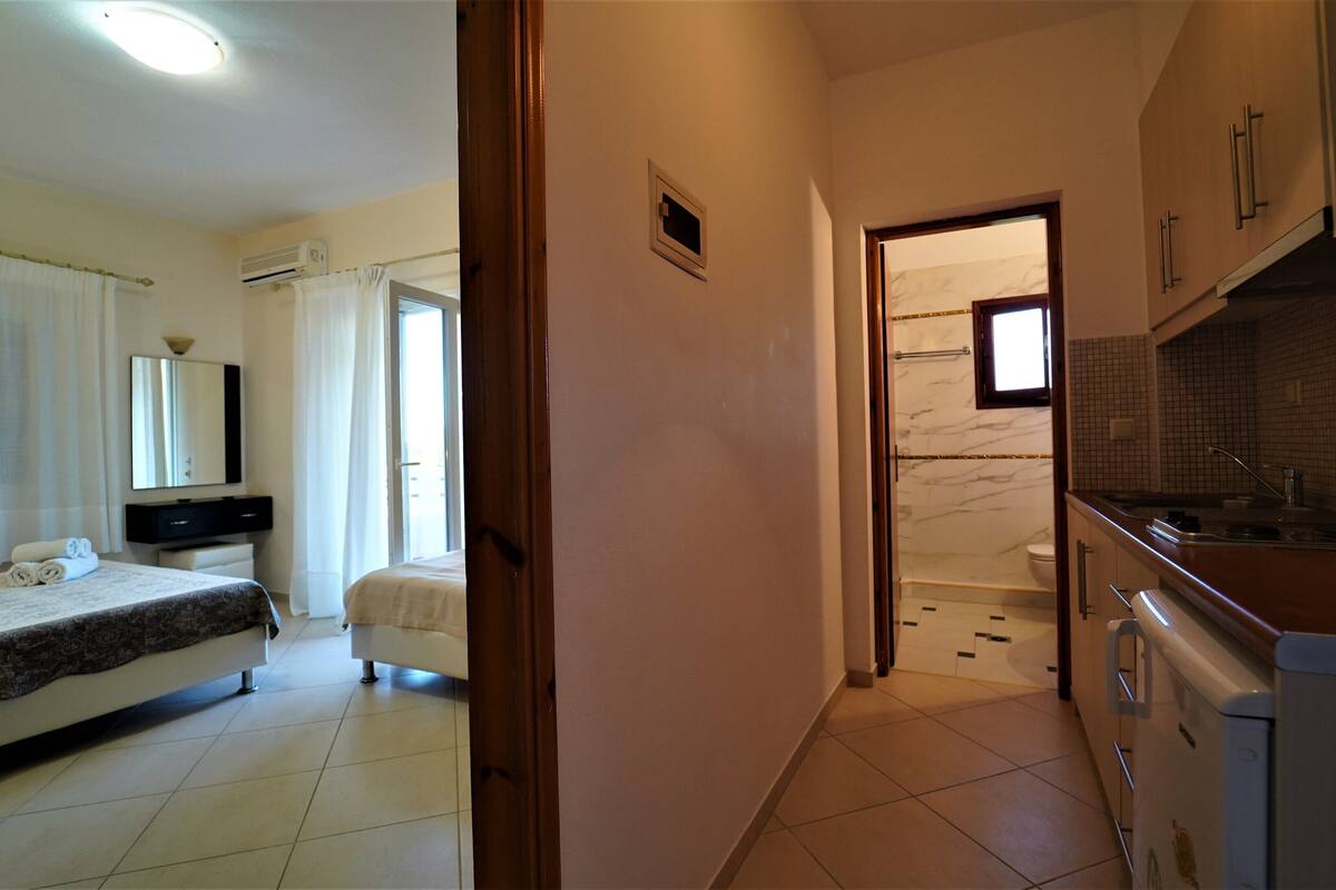 Quarto de hotel com cama, banheiro com chuveiro e cozinha compacta.