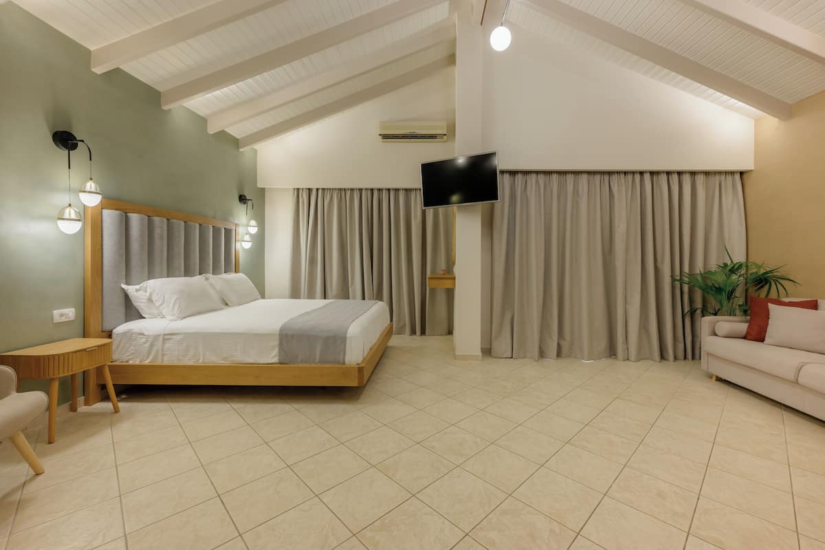 Quarto com cama, televisão, sofá, planta e ventoinha no teto.