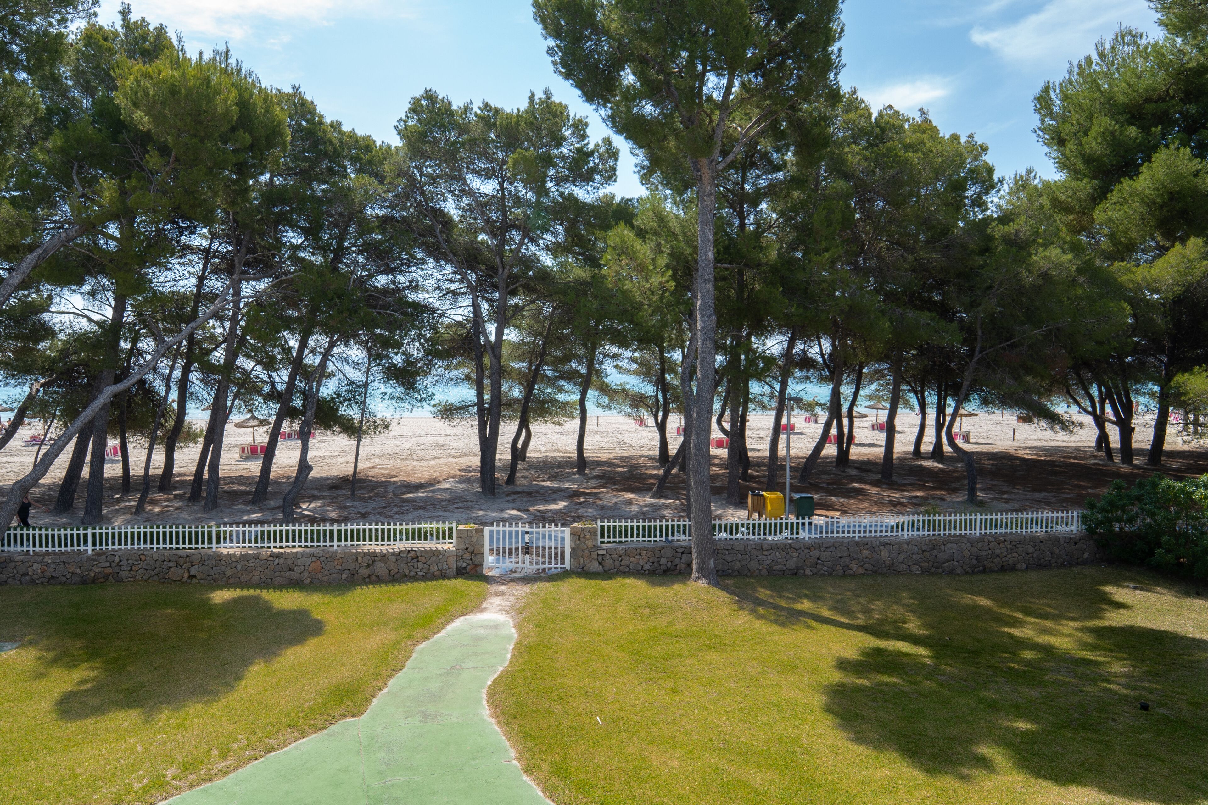 Un parque junto a la playa, con un sendero pavimentado, árboles y un muro de piedra.