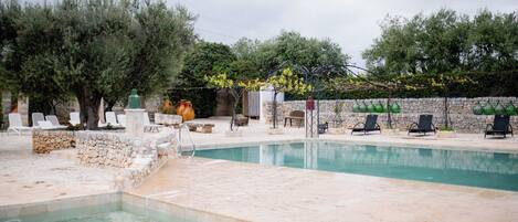 Outdoor pool, a waterfall pool, pool loungers