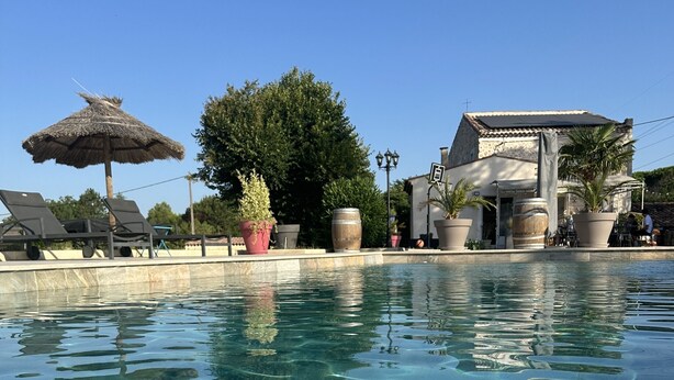 A clear pool with lounge chairs and potted plants around it.