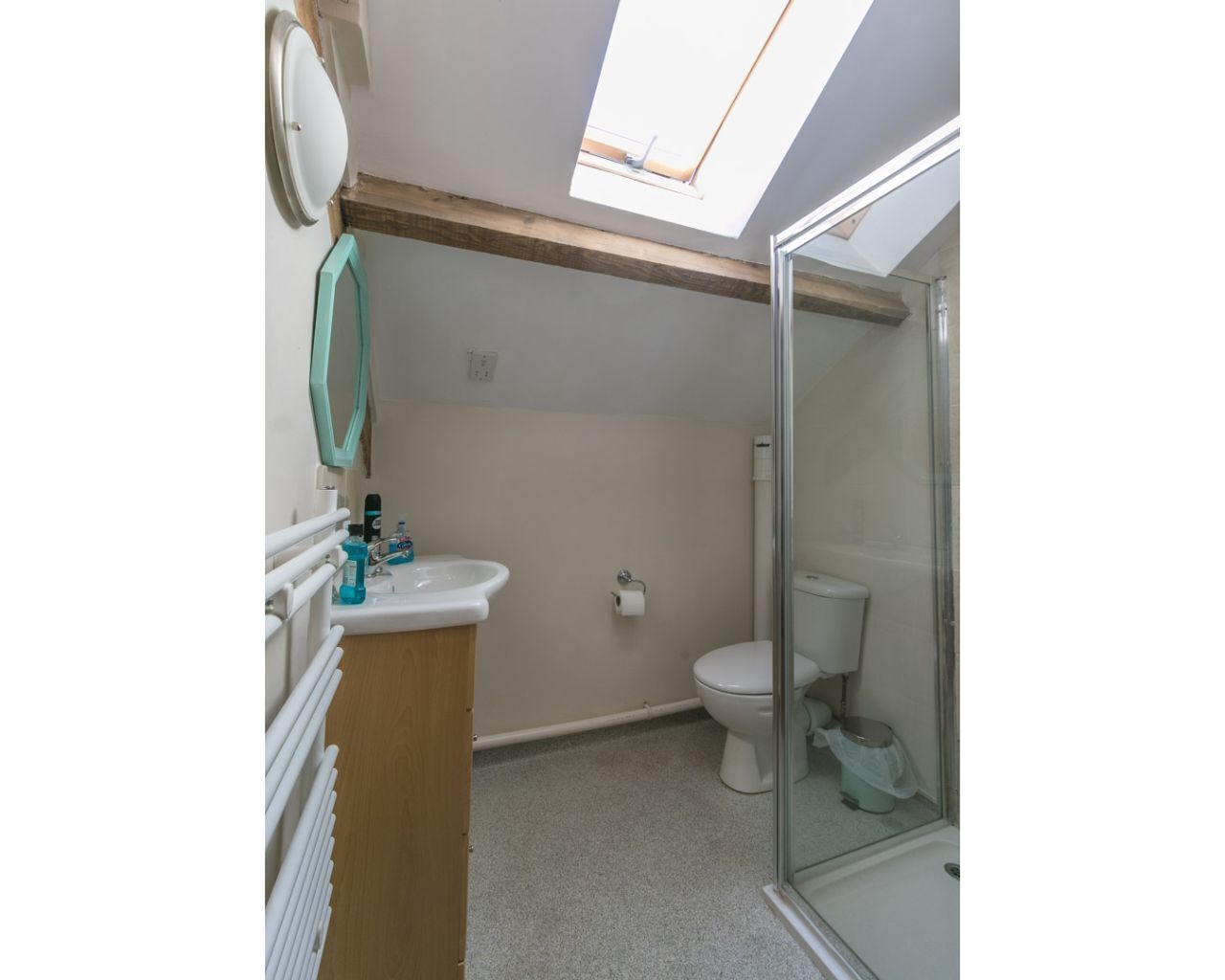 A bathroom with a skylight, a shower, a toilet, and a sink with toiletries.