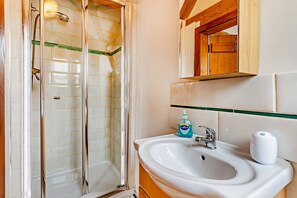 A bathroom with a glass shower enclosure, a white sink with a soap dispenser, and a mirror above the sink.