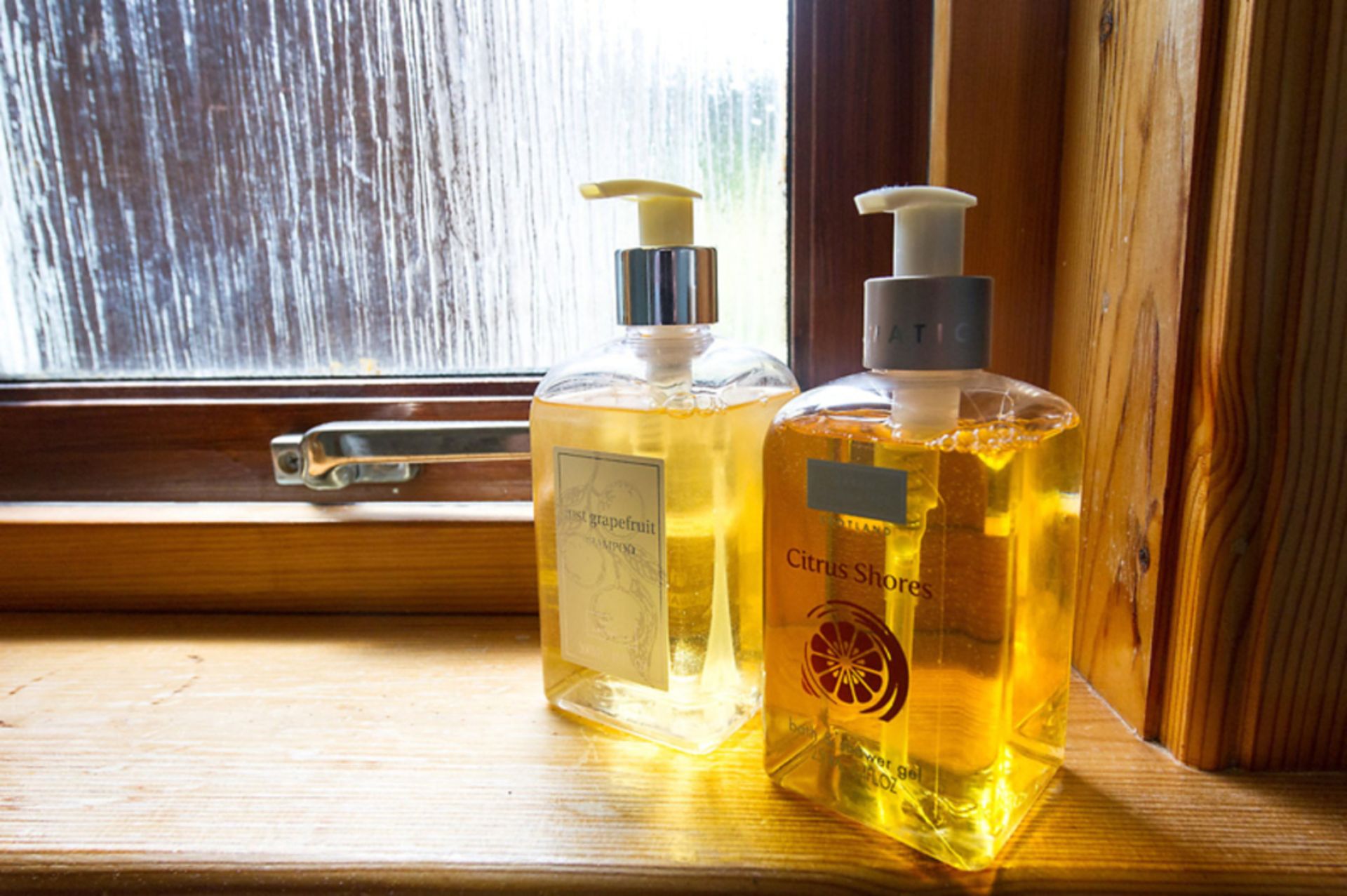 Two bottles of liquid soap on a wooden ledge by a window.