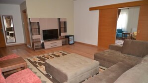 A modern living room with a flat-screen TV, a sofa, ottomans, and a patterned rug. - Hasan Celebi Otel (Siverek)