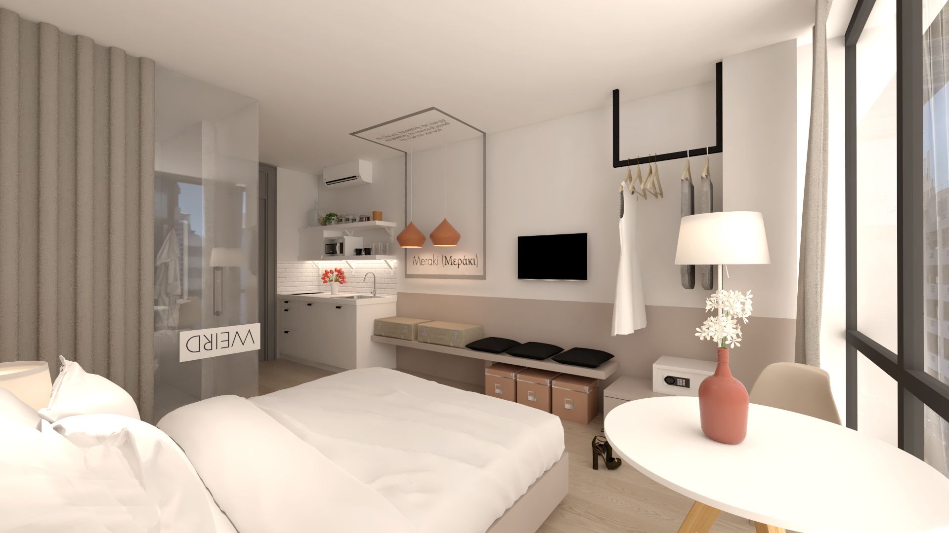 A modern hotel room with a bed, a desk, a chair, a TV, and a window with curtains.