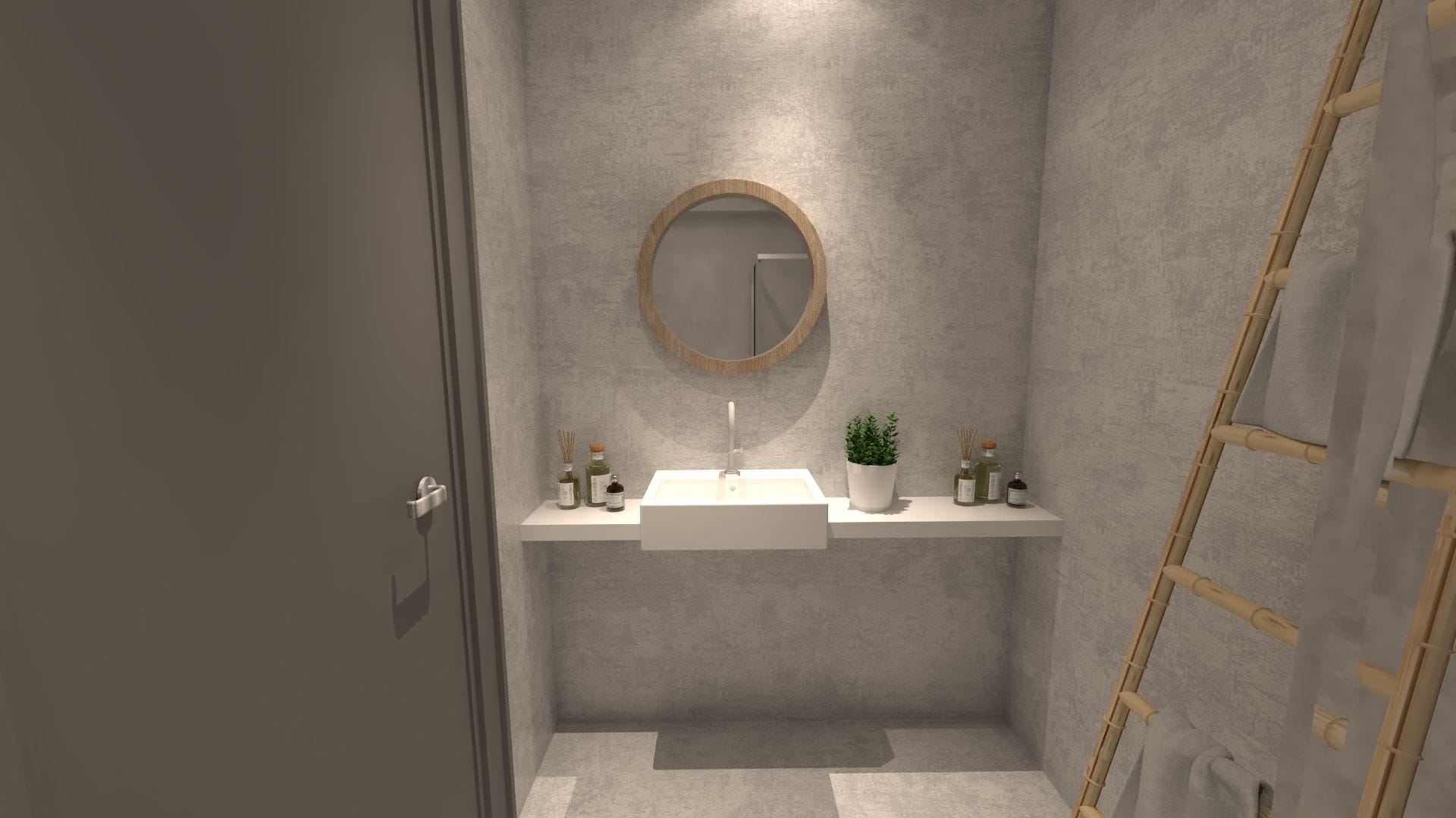 Un baño moderno con un lavamanos rectangular, un espejo redondo y una pequeña estantería con artículos de aseo.