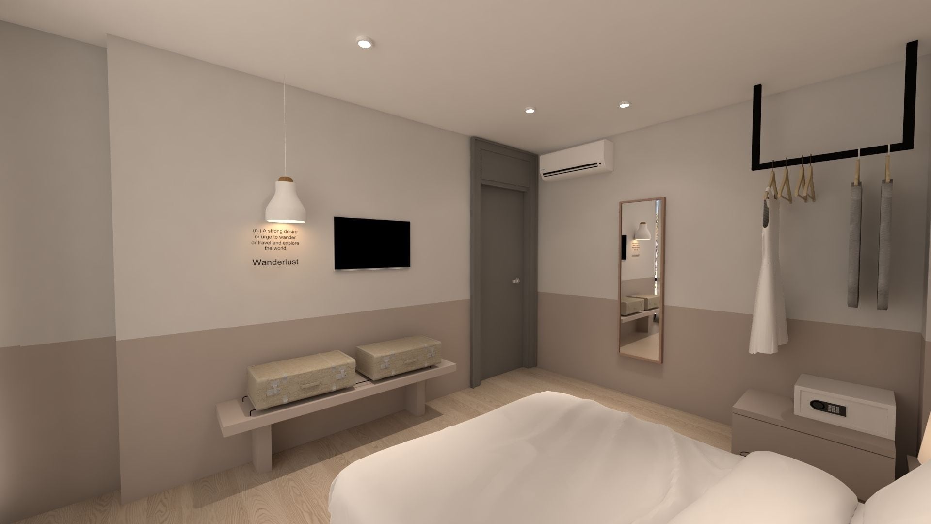 Un dormitorio moderno con cama, mesita de noche, banco, televisor montado en la pared, equipo de aire acondicionado, espejo y perchero.
