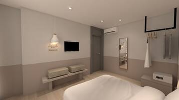 A modern bedroom with a bed, bedside table, bench, wall-mounted TV, air conditioning unit, mirror, and a hanging towel rack.