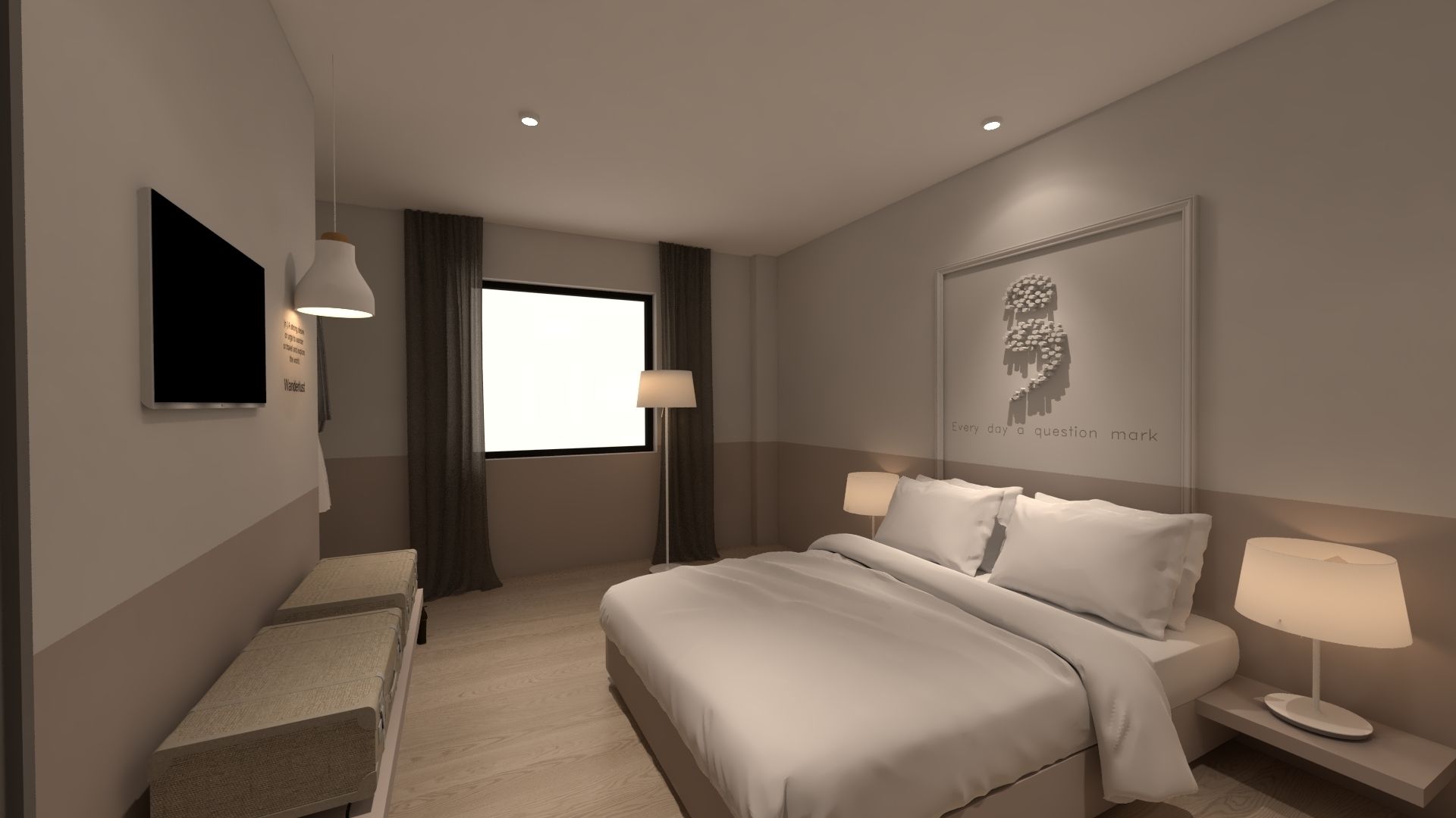 A modern hotel room with a large bed, bedside tables, a flat-screen TV, and a window with curtains.