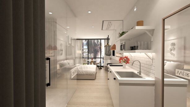 A modern hotel room with a large window, a bed, a desk, and a kitchenette. - Great Living Apartments (Athens)