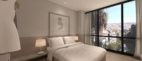 A modern bedroom with a large bed, two bedside tables, a wall-mounted artwork, and a view of a cityscape through large windows.