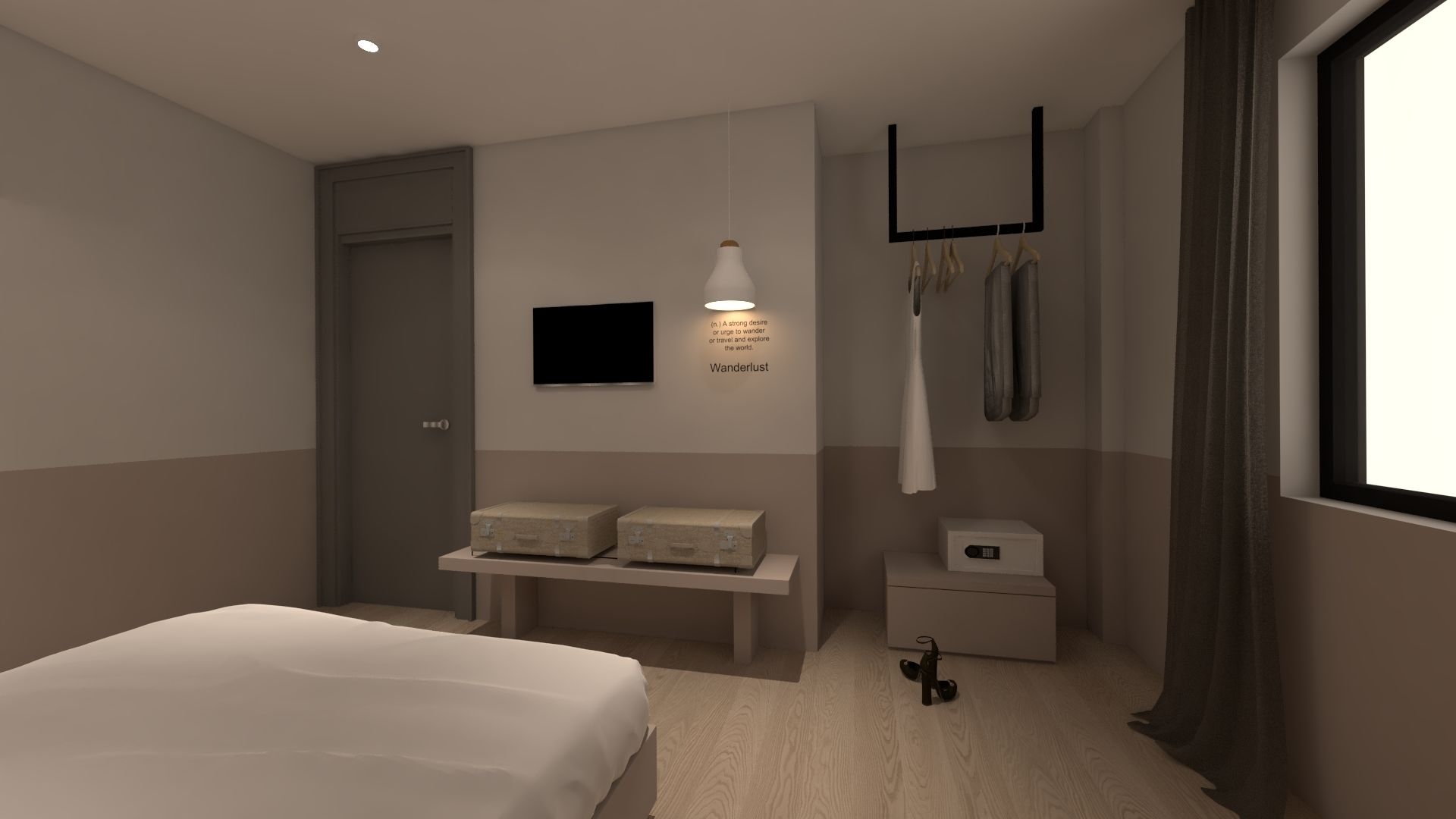 A modern hotel room with a bed, a bench with suitcases, a TV, a hanging light, a coat rack, and a window with curtains.