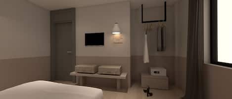 A modern hotel room with a bed, a bench with suitcases, a TV, a hanging light, a coat rack, and a window with curtains.