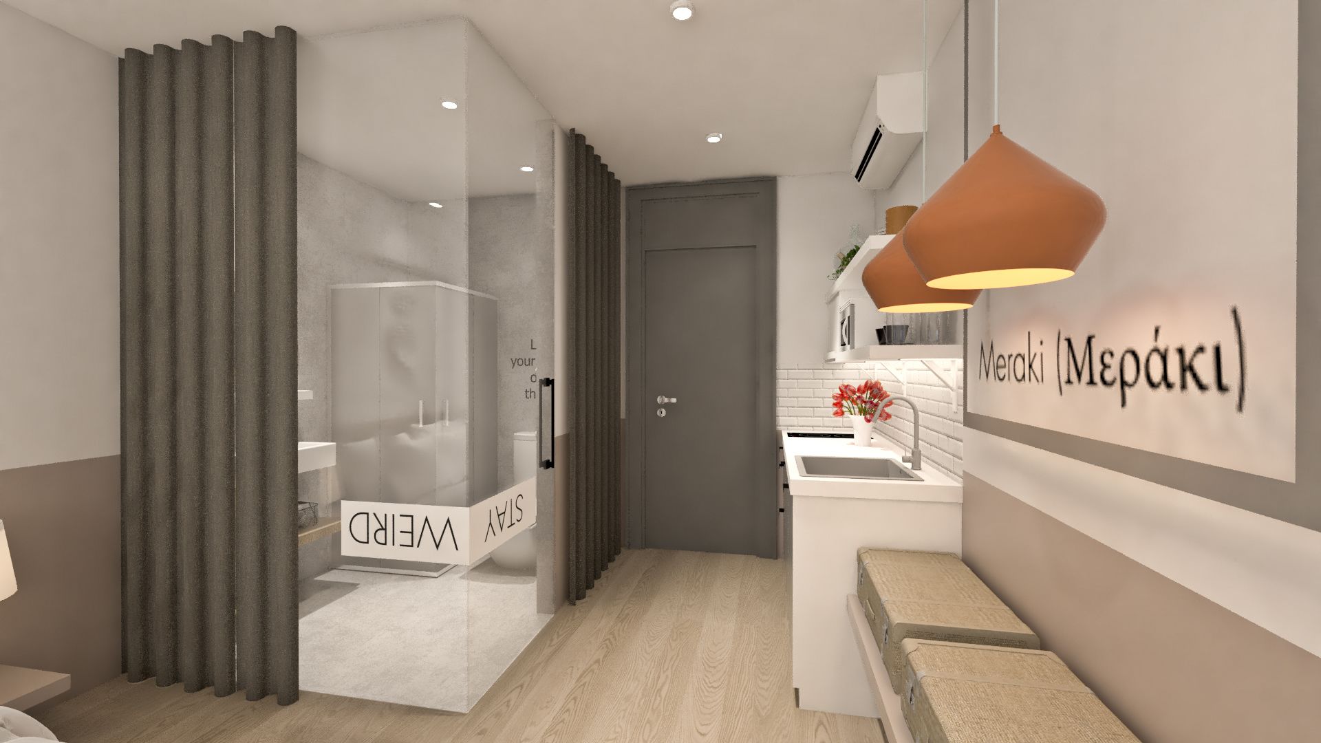 A modern hotel room with a glass partition, a visible bathroom, a sink, and a wall-mounted lamp.