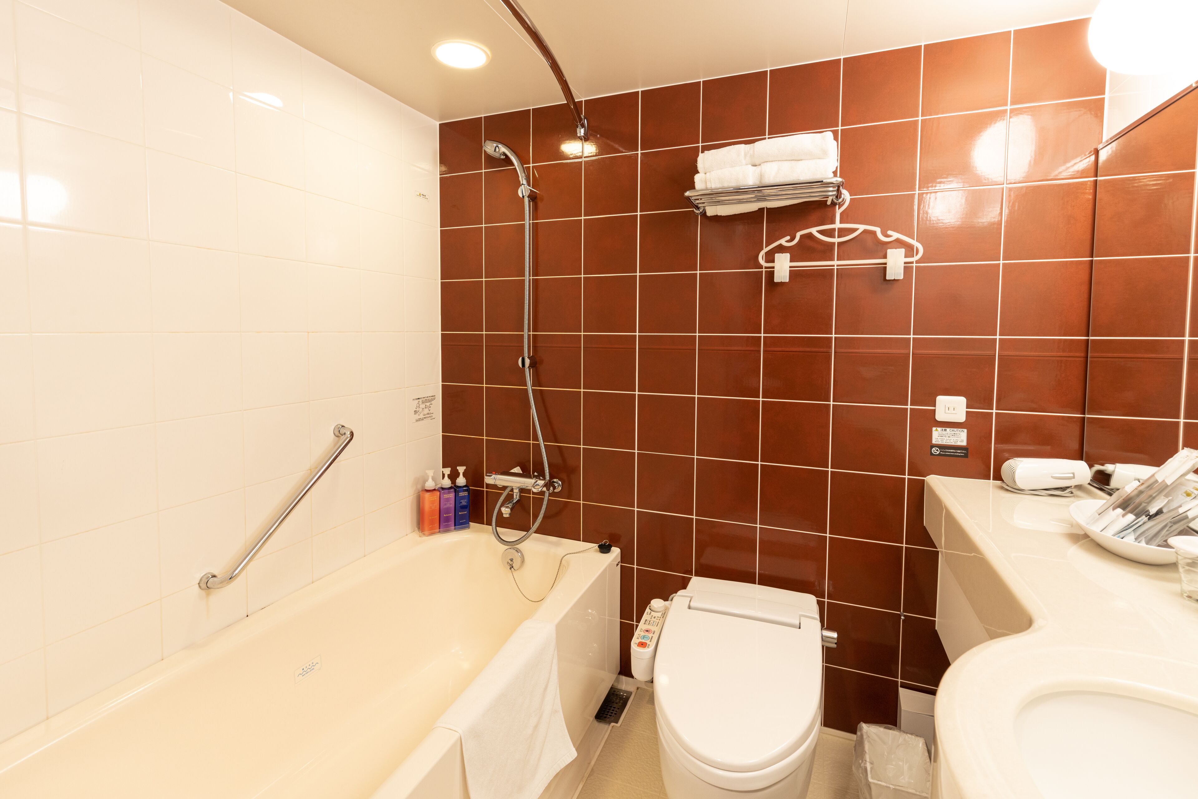 combined shower/bathtub, deep-soaking bathtub, free toiletries