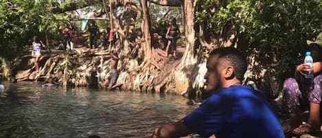 A group of people sitting by a river surrounded by trees.