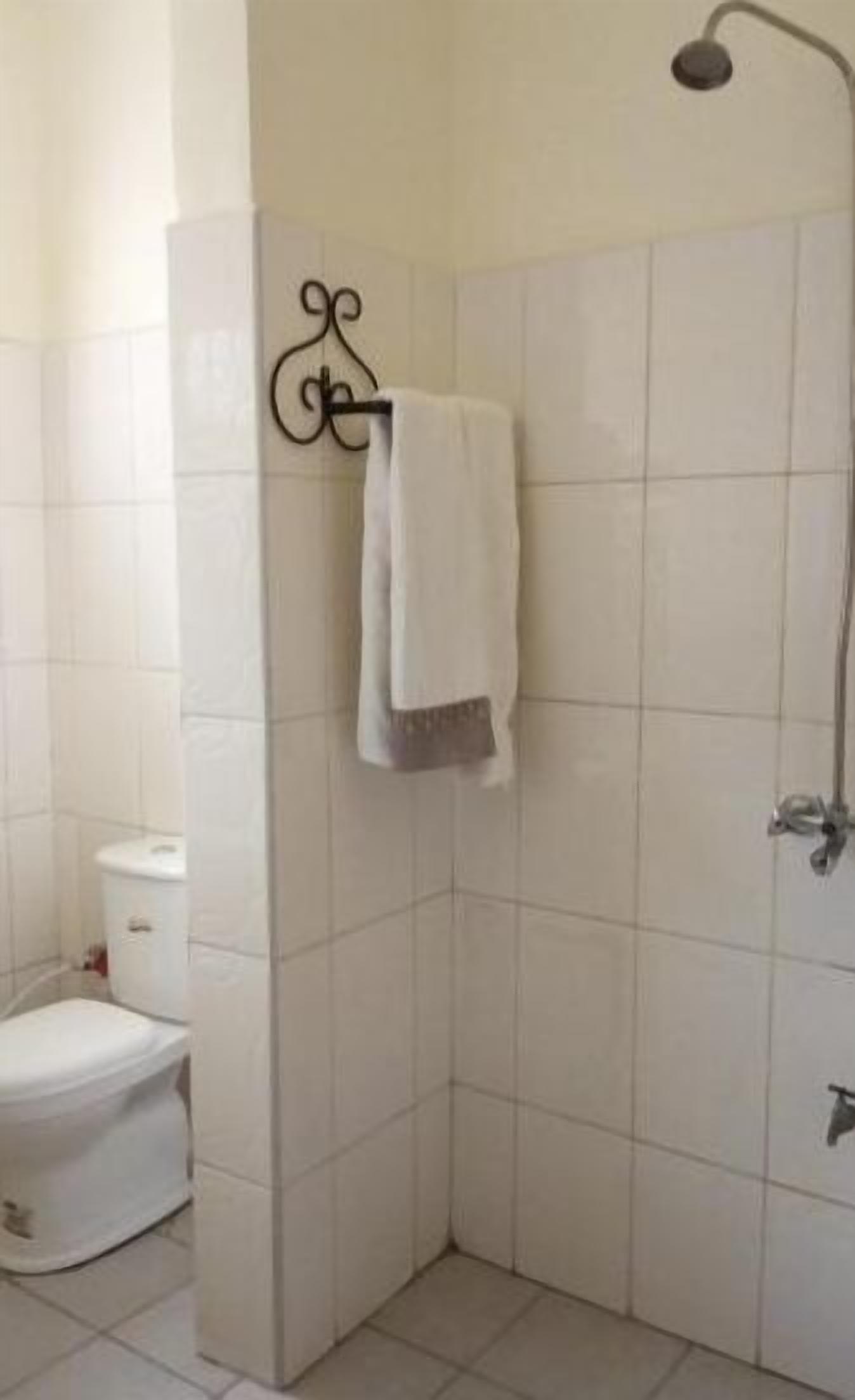 A small, tiled bathroom with a toilet, a shower, and a towel hanging on a rack.