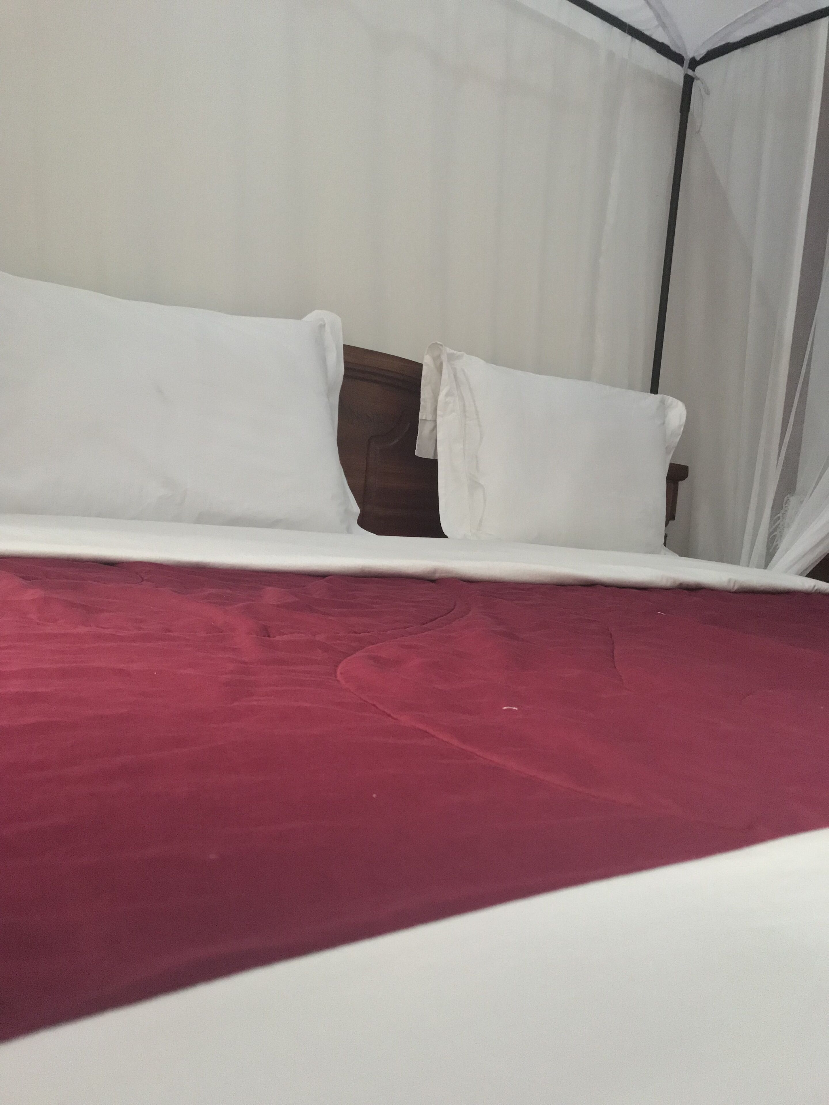 A bed with white linens and a red bedspread, a wooden headboard, and a white curtain.