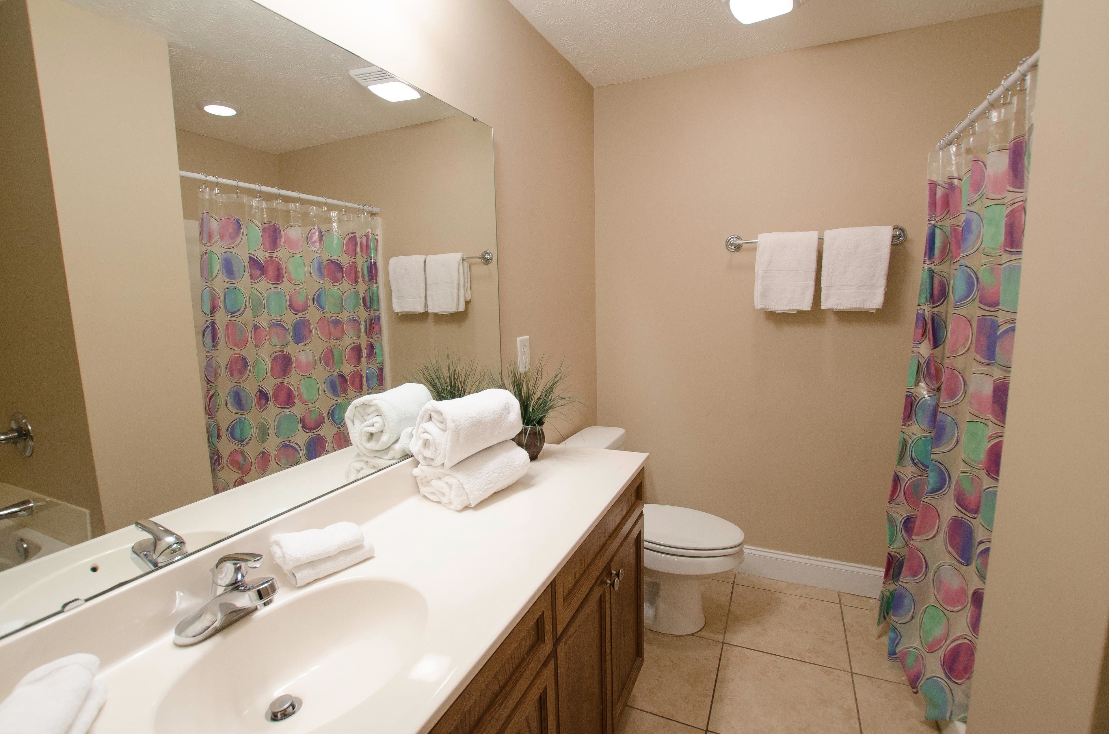 A bathroom with a sink, mirror, toilet, and shower curtain.