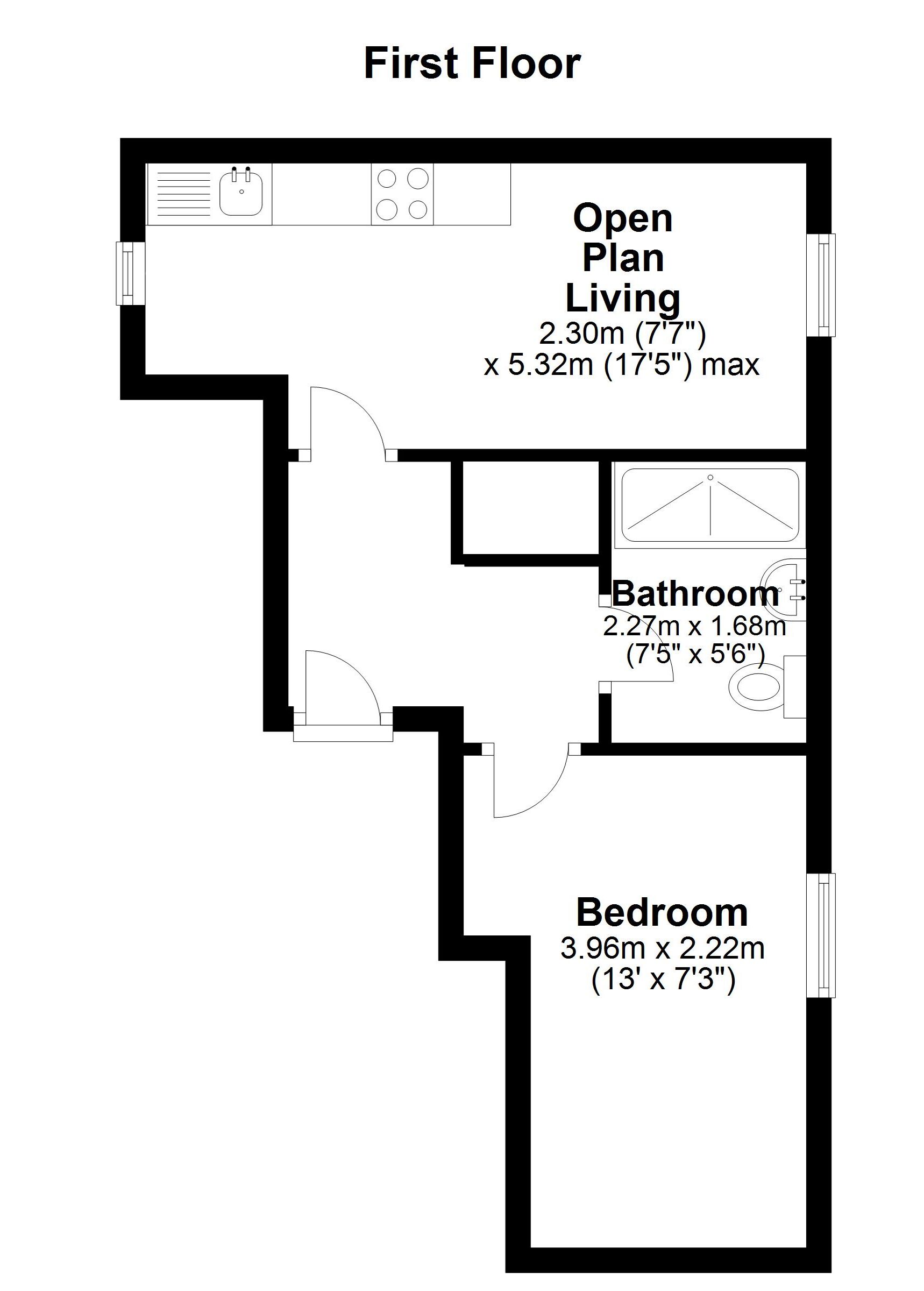 A first-floor floor plan with an open living area, a bathroom, and a bedroom.