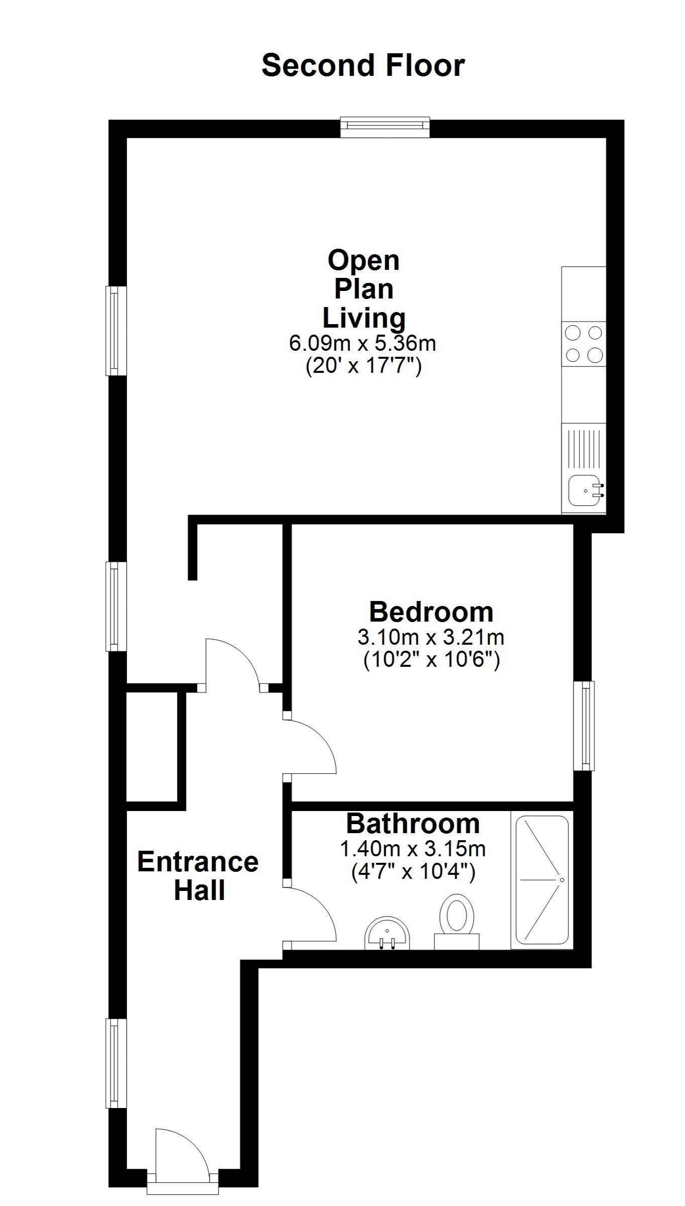 Un plan d’étage d’un appartement situé au deuxième étage, comprenant un espace de vie ouvert, une chambre, une salle de bain et un hall d’entrée.
