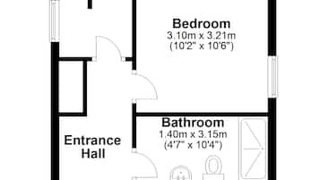 Ein Grundriss einer Wohnung im zweiten Obergeschoss mit offenem Wohnbereich, einem Schlafzimmer, einem Badezimmer und einer Diele.