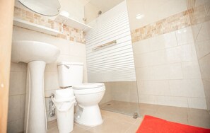 Un baño con inodoro, lavabo y zona de ducha.