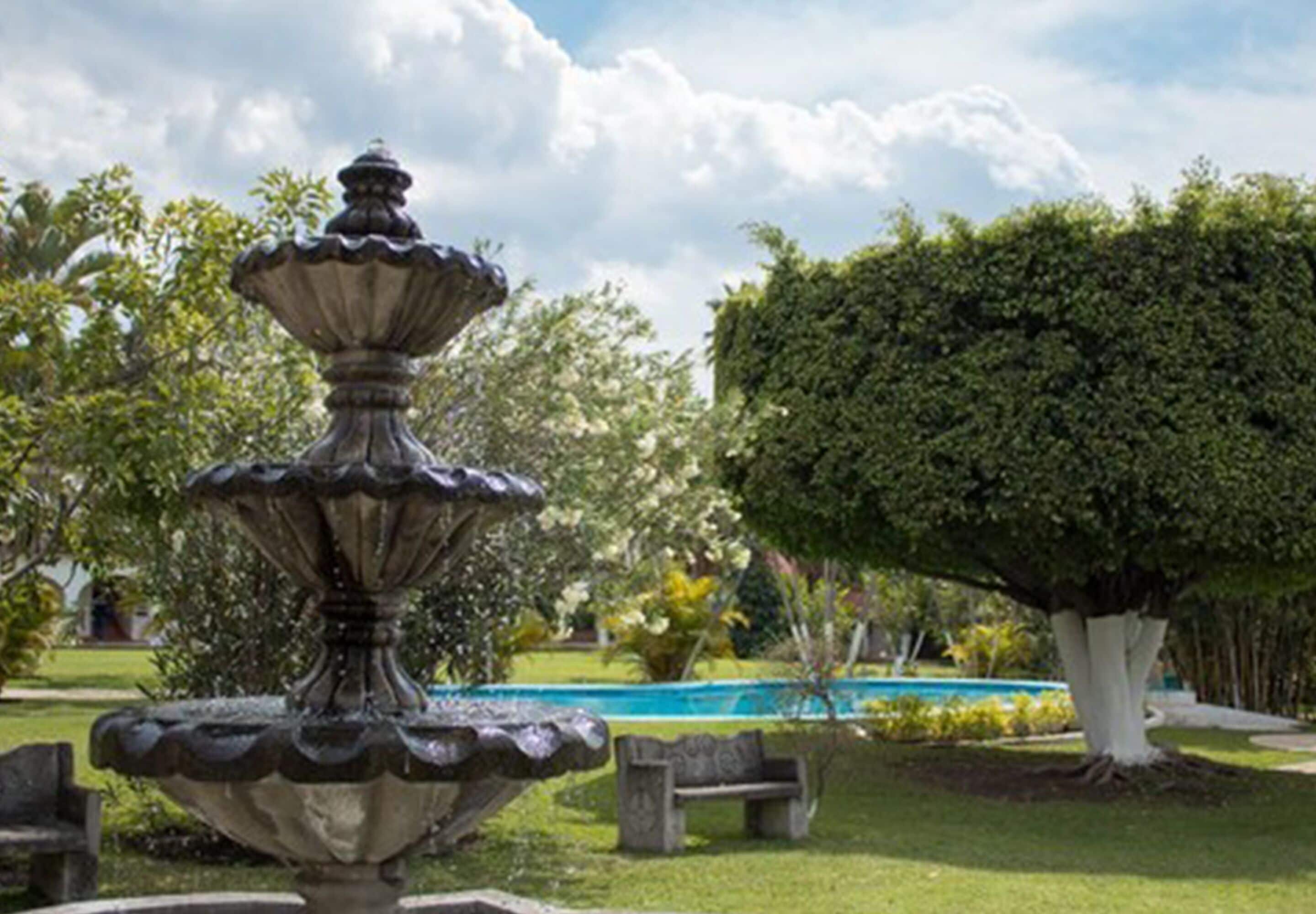 Ein Springbrunnen in einem Park mit Teich und Bänken.