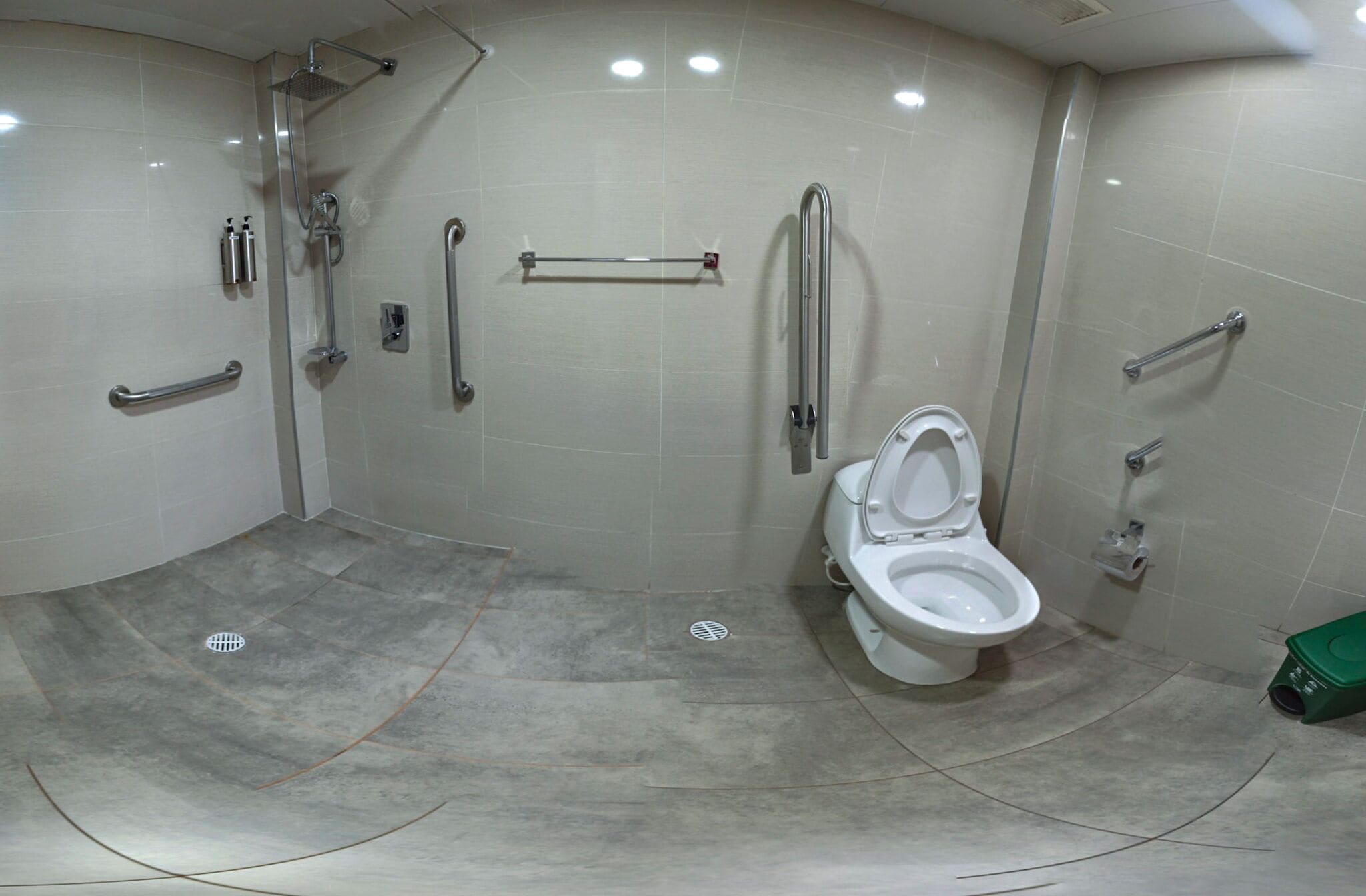 A handicap-accessible bathroom with a white toilet, grab bars, and a shower area.