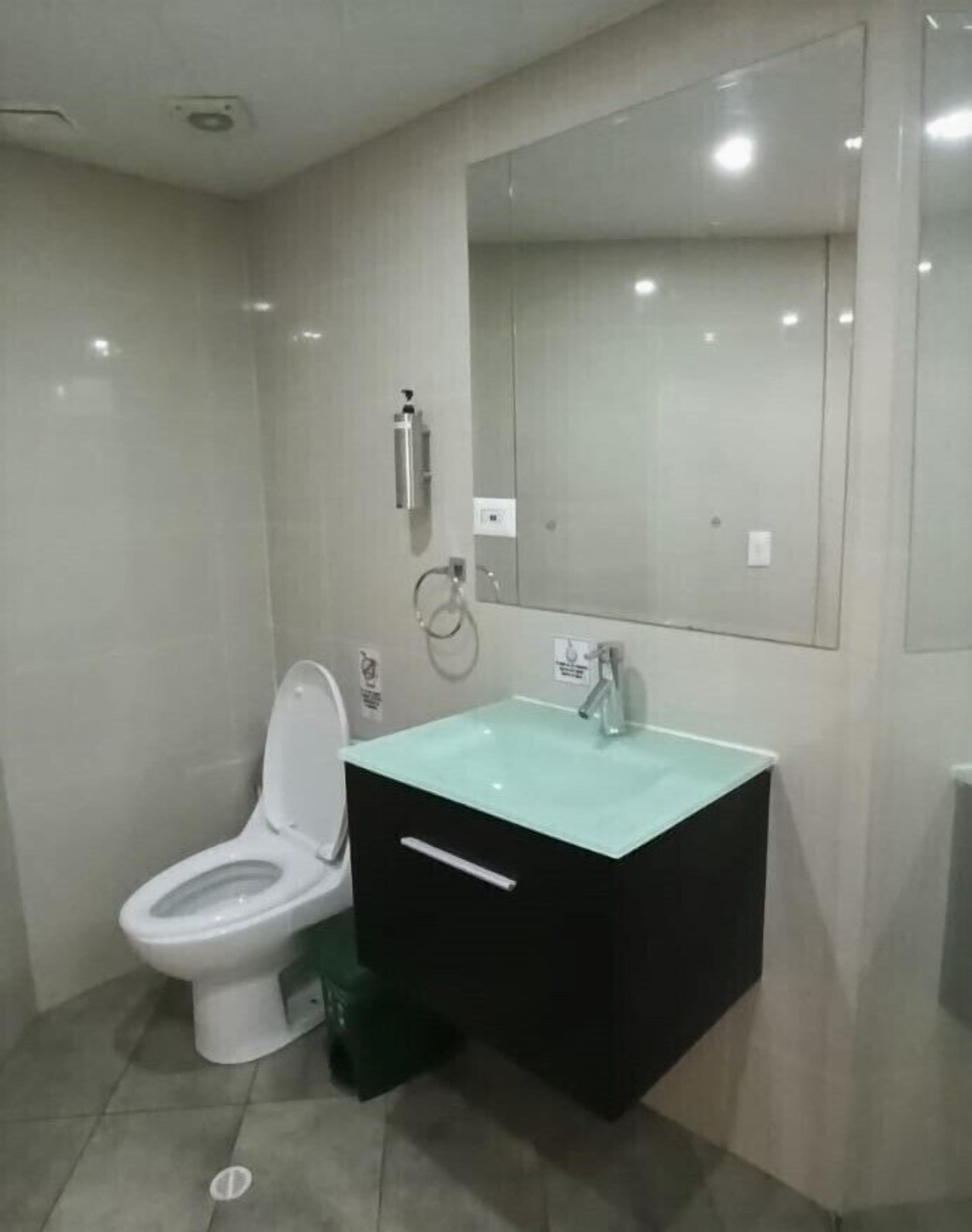Une salle de bain avec des toilettes, un lavabo et un miroir.