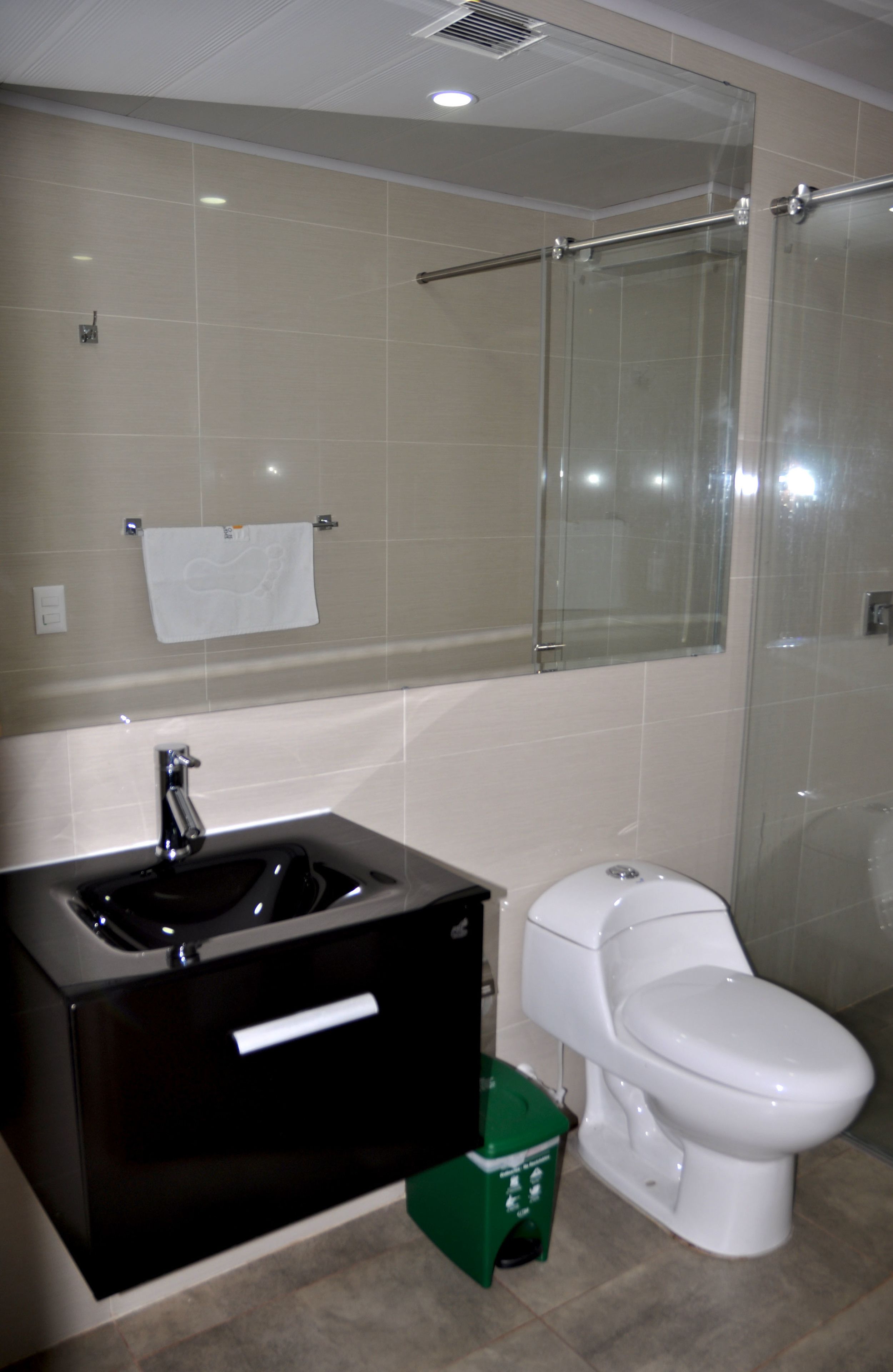 A bathroom with a black sink, white toilet, and a glass shower enclosure.