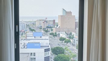 A view from a window of a cityscape with buildings, a road, and a body of water in the distance.