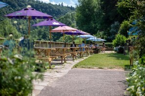 An outdoor seating area with wooden benches and purple umbrellas. - Ye Old Ferrie Inn (Ross-on-Wye)