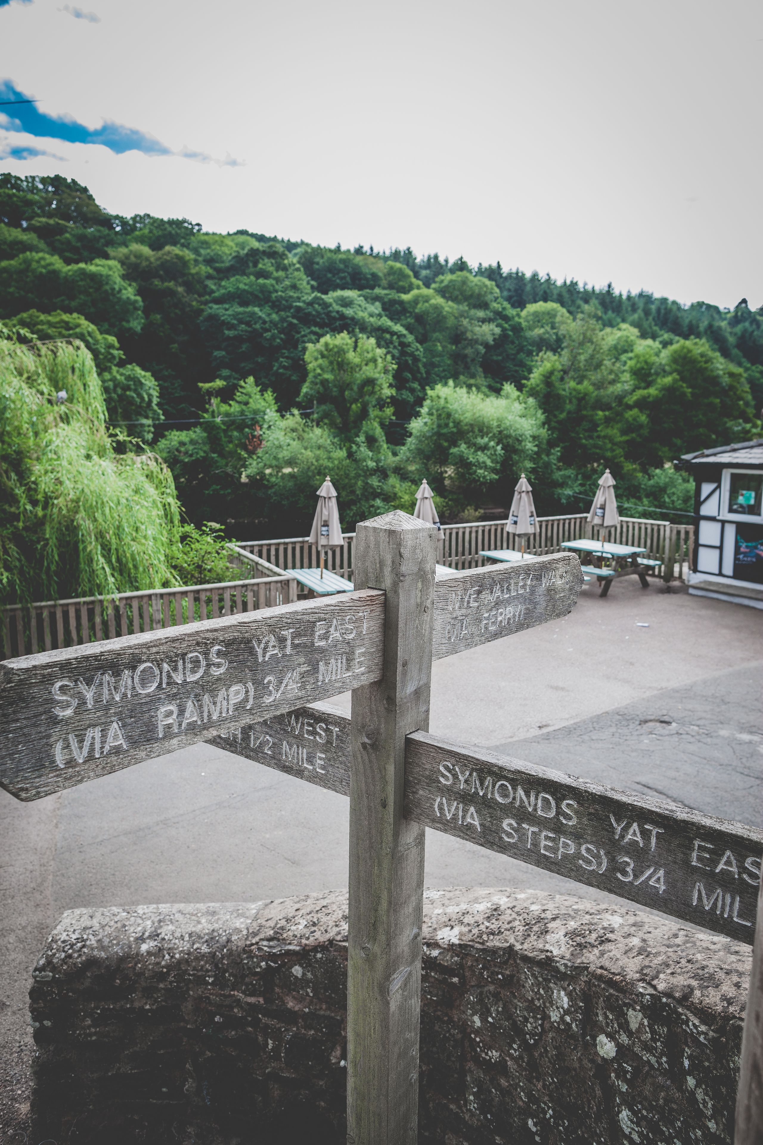 A wooden signpost with directions to Symonds Yat East and West, and a picnic area with tables and umbrellas.