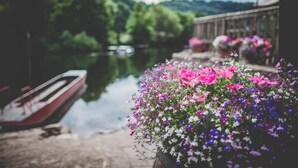 A serene lakeside setting with a boat docked on the left and a gazebo with flowers on the right.