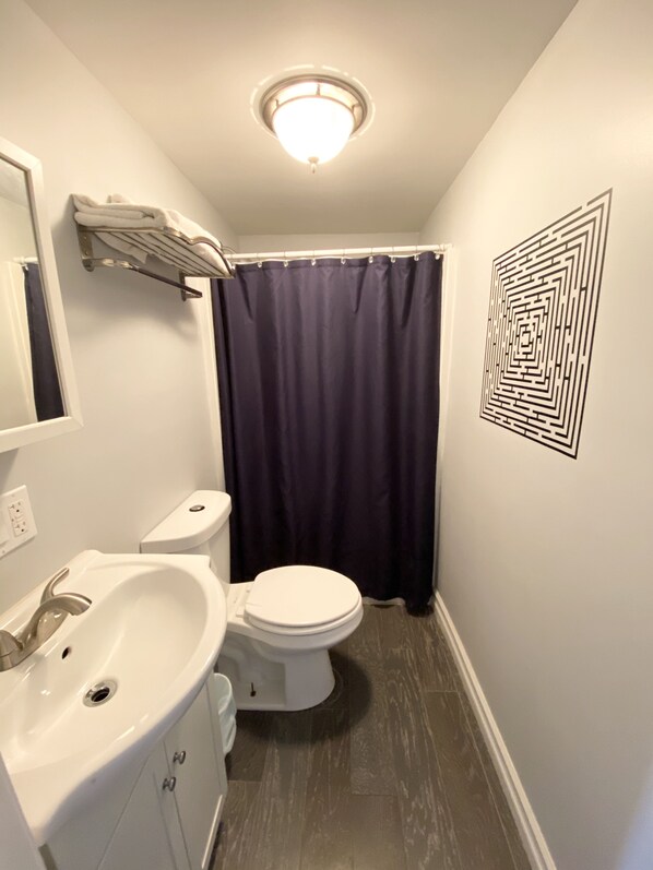 A small bathroom with a white sink, toilet, and dark blue shower curtain. - 411 S. Madison Avenue (Watkins Glen)
