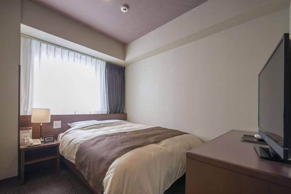Habitación de hotel con cama, escritorio con televisor de pantalla plana, mesita de noche con lámpara y ventana con cortinas.