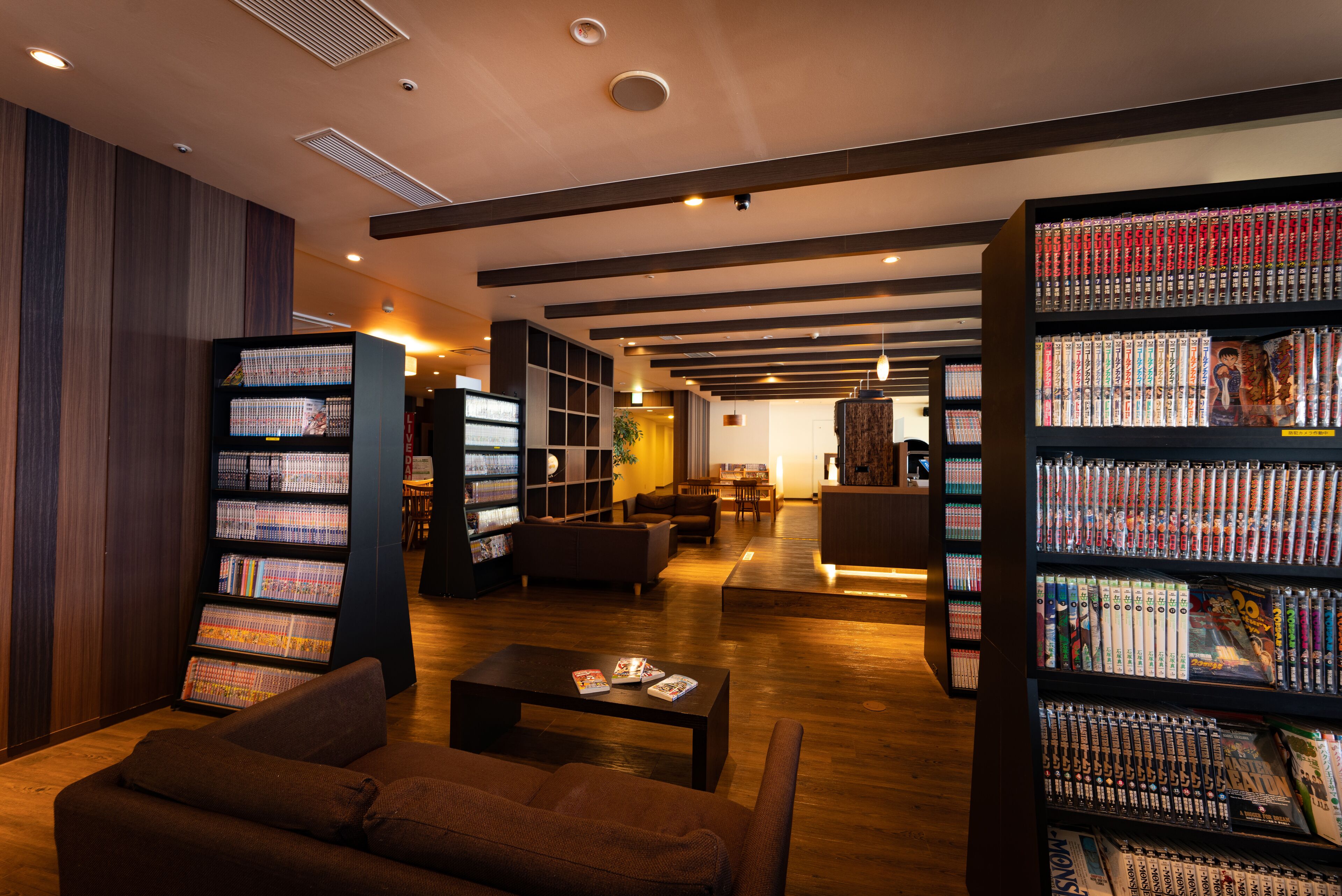 Eine moderne Bibliothek mit Bücherregalen, einem Sofa und einem Couchtisch.