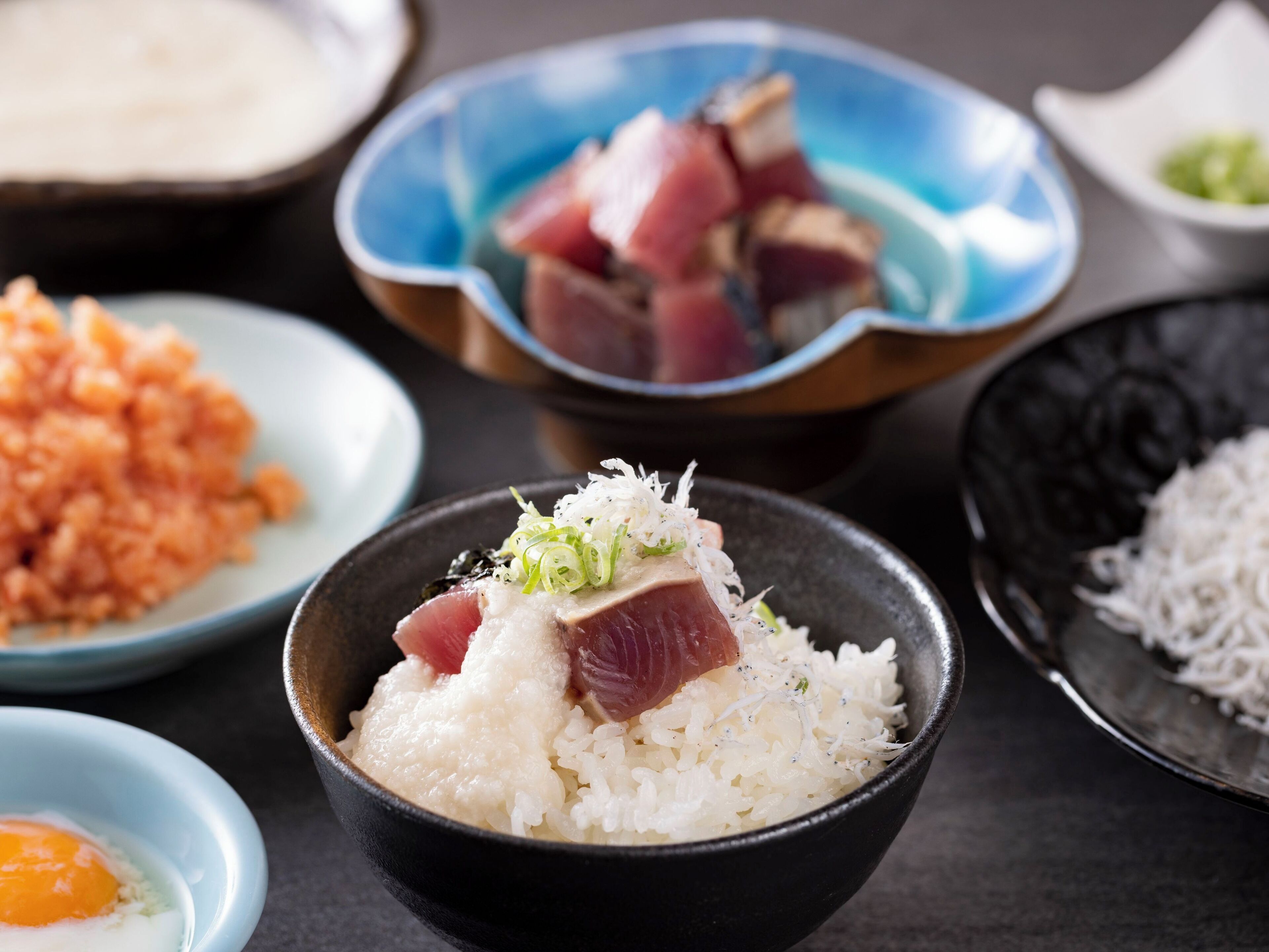 A bowl of rice topped with fish and garnished with green onions.