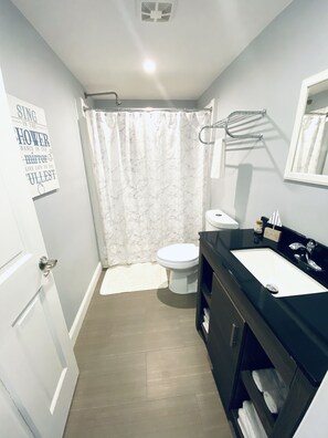 Shower, hair dryer, towels