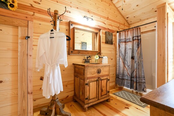 Shower, towels, soap, shampoo