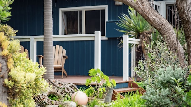 Un jardín con una silla de madera, una silla de mimbre y diversas plantas.