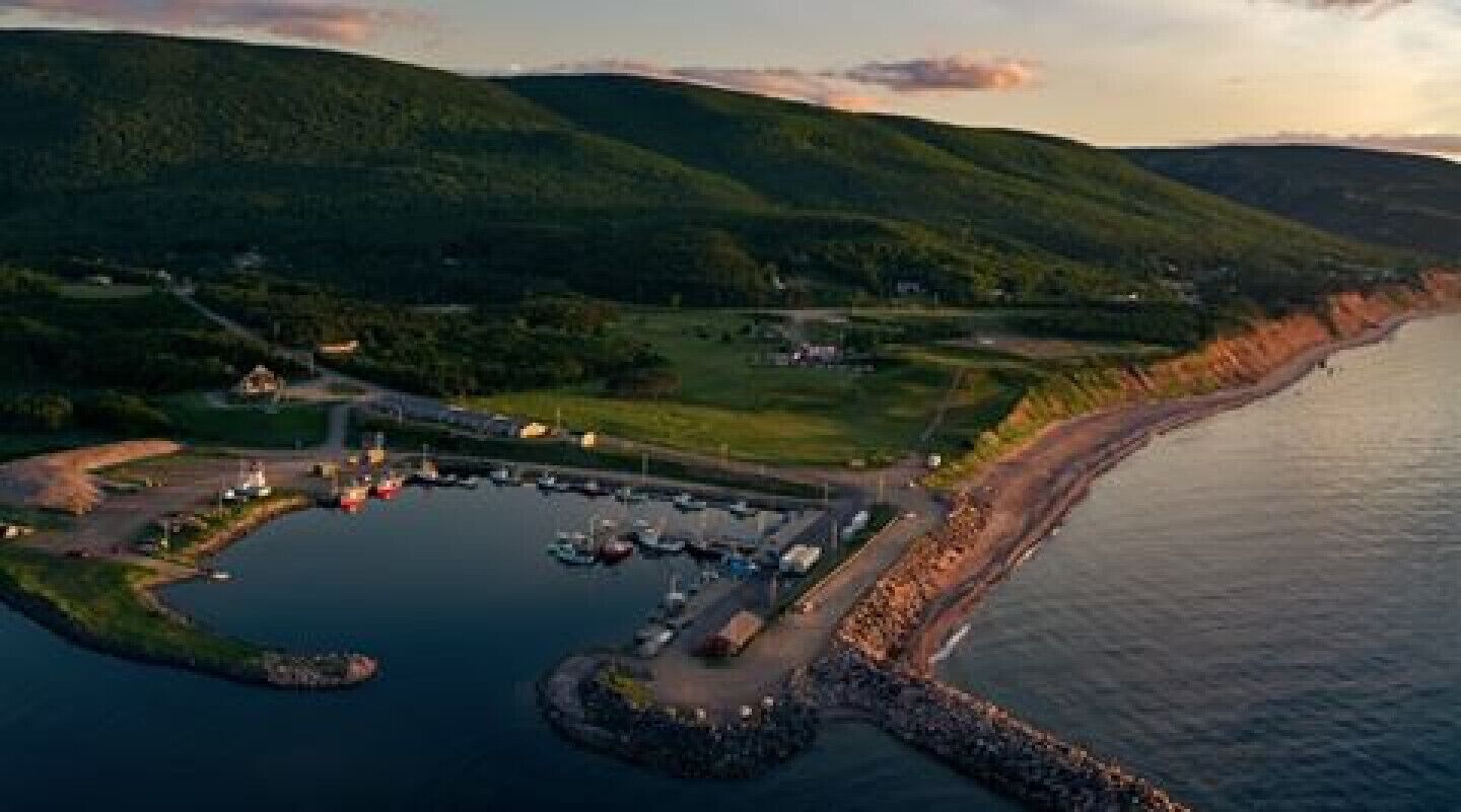 An aerial view of a coastal area with a marina, houses, and a hilly landscape.
